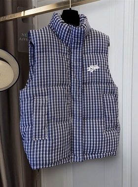 胖mm大码秋冬格子立领无袖蓝色棉服马甲女秋冬宽松休闲复古外套潮