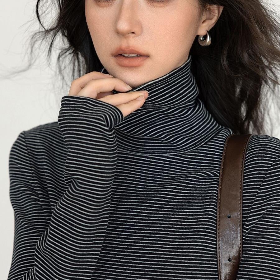 高级感韩系条纹高领长袖T恤