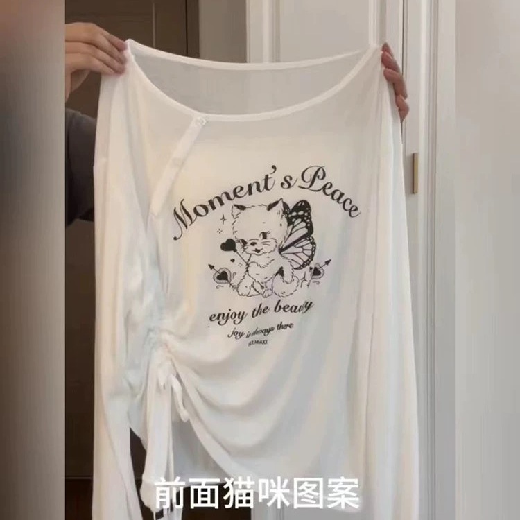 美式猫咪印花露肩T恤女夏季2025