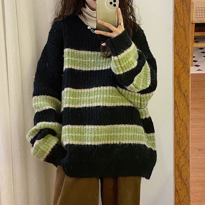 针织衫毛衣女美式复古慵懒风条纹