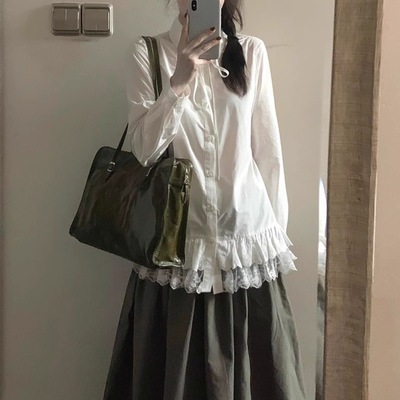 法式中长款蕾丝拼接叠穿花边衬衫