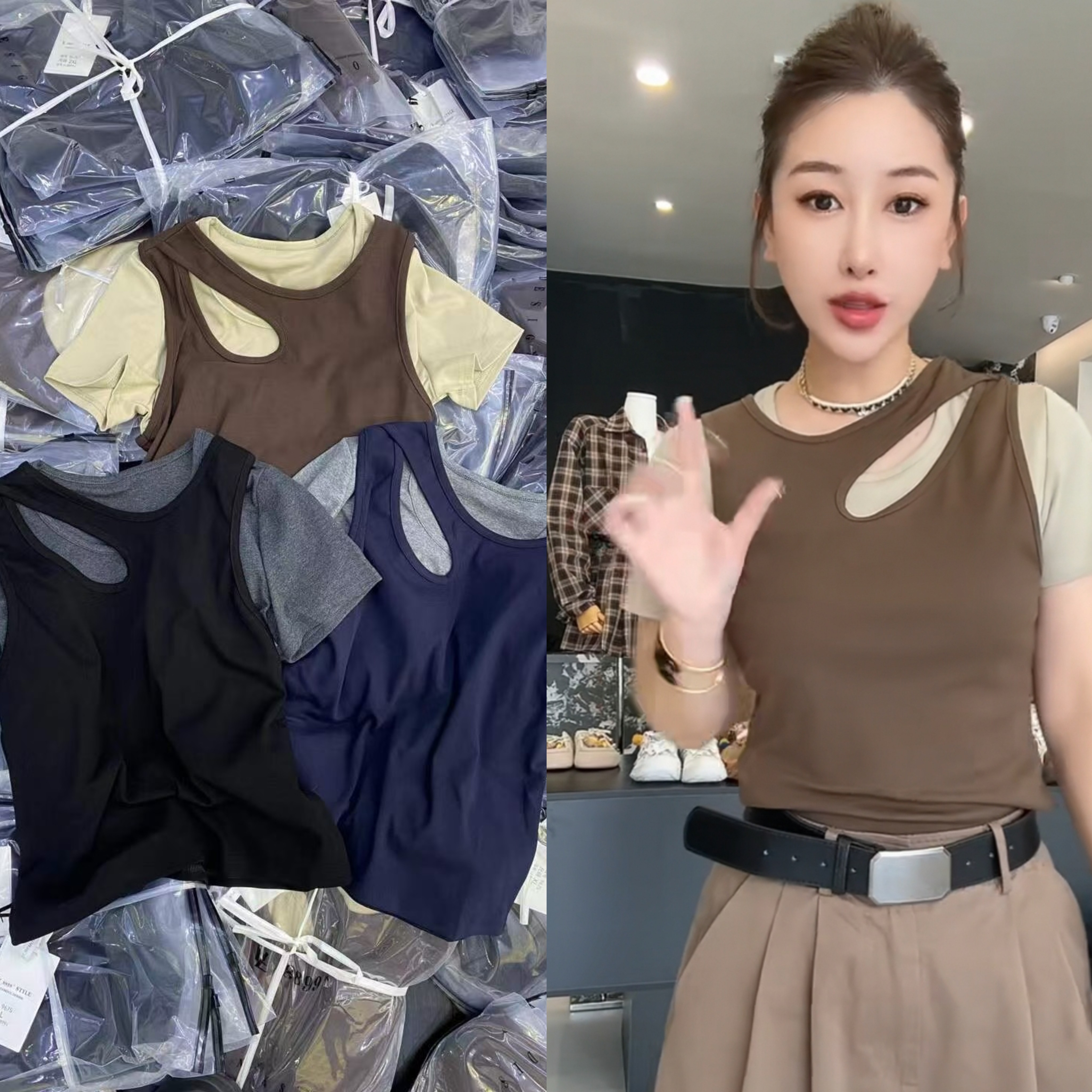 欧货小众设计感假两件撞色T恤上衣女2025早秋新款小心机洋气T恤潮