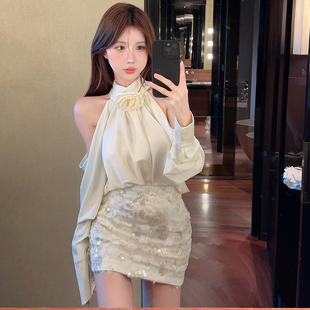 小洋装名媛高端套装辣妹性感露肩衬衫亮片包臀半身裙两件套春夏季