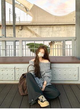 Xxiiuu 韩系灰色麻花一字肩毛衣女秋季宽松慵懒百搭小个子针织衫