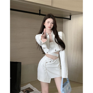 气质御姐套装皮衣外套性感抹胸背心女秋冬不规则包臀半身裙三件套