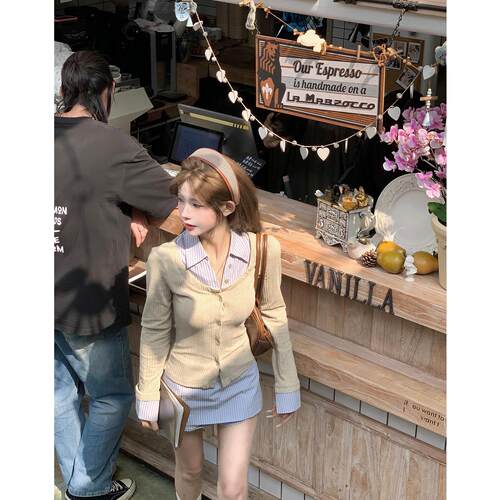 七颗虾滑假两件衬衫女2025新款上衣秋装搭配一整套韩系穿搭套装裙