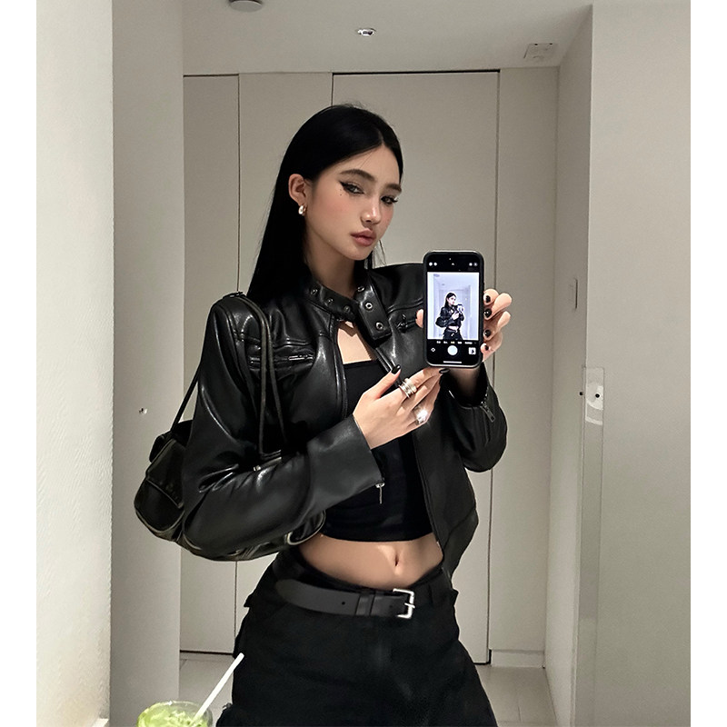 美式复古经典袖口拉链式黑色皮衣短款外套秋季新款辣妹机车服夹克