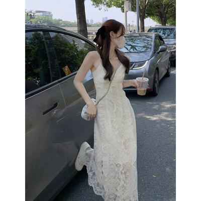 法式白色v领重工蕾丝吊带抹胸连衣裙女夏无袖裙子修身荷叶边长裙