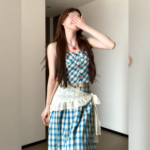 纯欲甜美风套装 女复古格纹吊带半身裙蕾丝腰封三件套2025夏季 新款