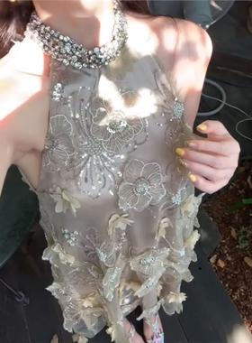 FFmiss◆小香风立体花朵网纱钉珠刺绣连衣裙女轻奢挂脖镶钻娃娃裙