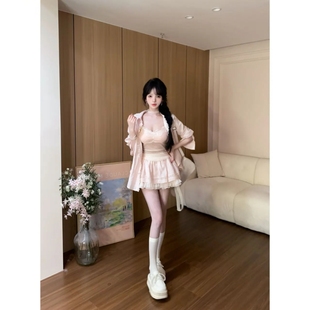 女 春夏季 甜美显瘦纯欲少女网纱吊带背心衬衫 上衣 半身裙两件套装