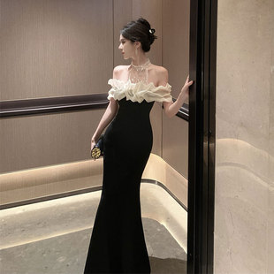 高端精致广州十三行女装爆款连衣裙挂脖一字肩丝绒晚宴会生日礼服