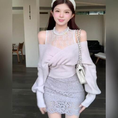 SYJ/舒衣家 微胖mm法式甜美风针织拼接上衣女纯欲修身蕾丝包臀裙