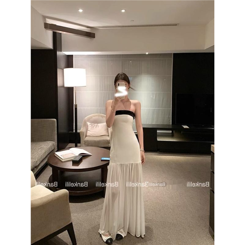 板栗可可Bankelili人间coco 拼色无袖蝴蝶结抹胸上衣春款连衣裙女图片
