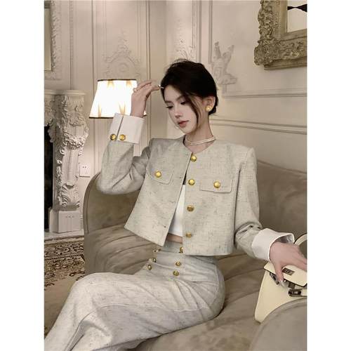 小香风名媛气质职业套装女早秋季轻奢高级灰色外套高腰长裤两件套