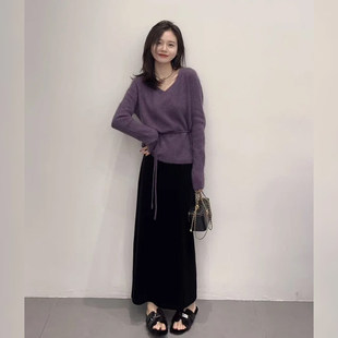 温柔风气质通勤V领紫色针织衫半裙女装2026秋季新款淑女休闲套装