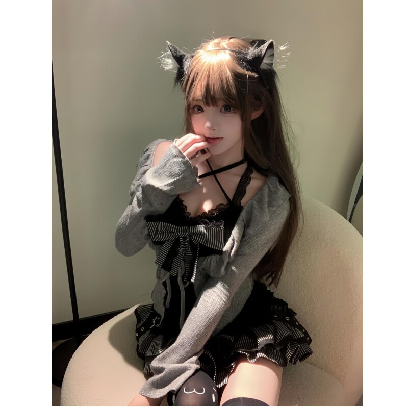 学院风jk制服套装女秋季黑色蕾丝吊带灰色针织开衫蛋糕裙三件套裙