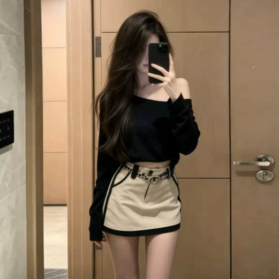 巨好看韩系穿搭一整套2026新款黑色一字肩长袖t恤女秋季裙子套装