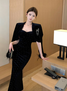 富家千金秋冬套装女高级感小香风西装外套金丝绒吊带连衣裙两件套