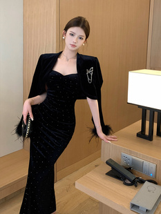 富家千金秋冬套装 外套金丝绒吊带连衣裙两件套 女高级感小香风西装