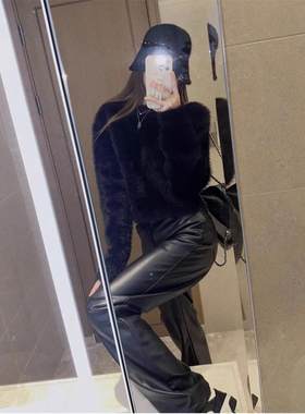 黑色毛衣女短款秋冬套头马海毛宽松慵懒风高质感水貂绒打底上衣