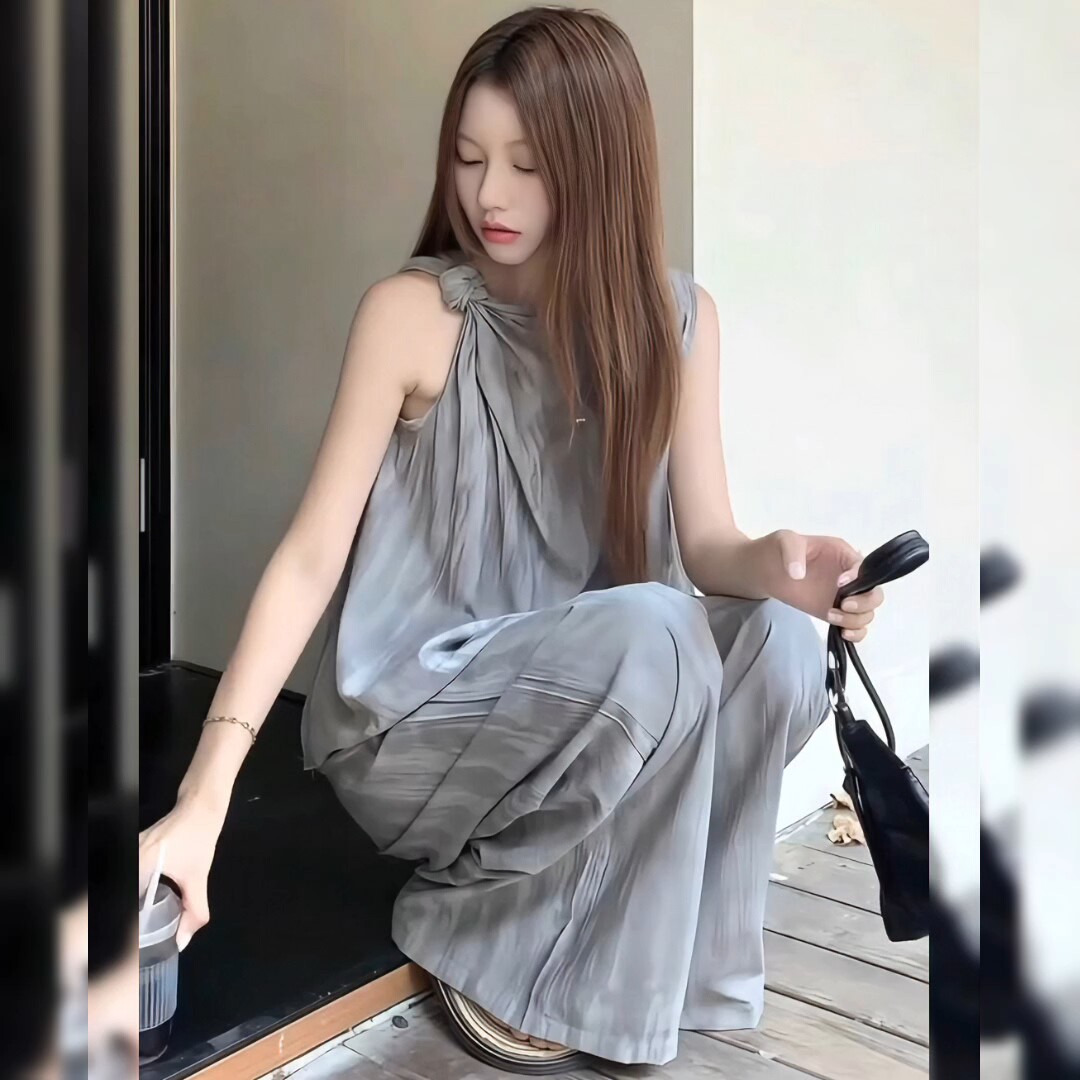 2025新款夏季松弛感穿搭套装不规则无袖背心女阔腿裤拖地裤两件套