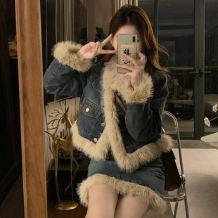 秋冬季套装女富家千金韩剧法式复古桔梗牛仔外套半身裙两件套洋气