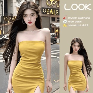 性感开叉小个子包臀短裙 新款 纯欲辣妹气质抹胸连衣裙女装 2025夏季