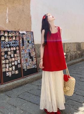超显白!红色挂脖娃娃裙上衣女宽松遮副乳显瘦+仙仙褶皱感半身裙