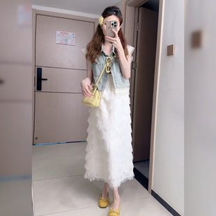 海边度假气质流苏吊带连衣裙2025秋季新款蕾丝牛仔衬衫两件套女装