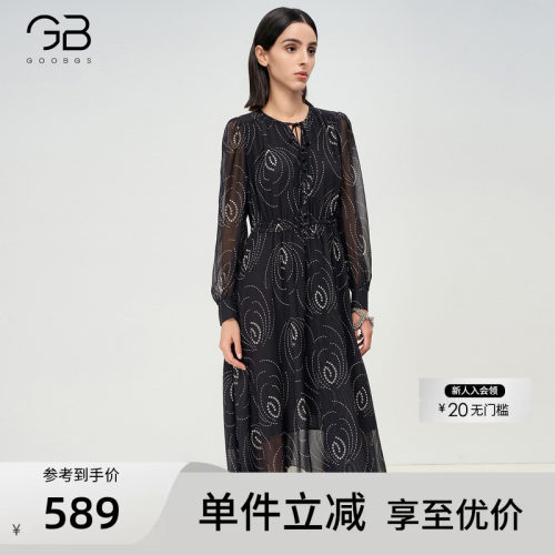 谷邦优雅气质黑色印花连衣裙女
