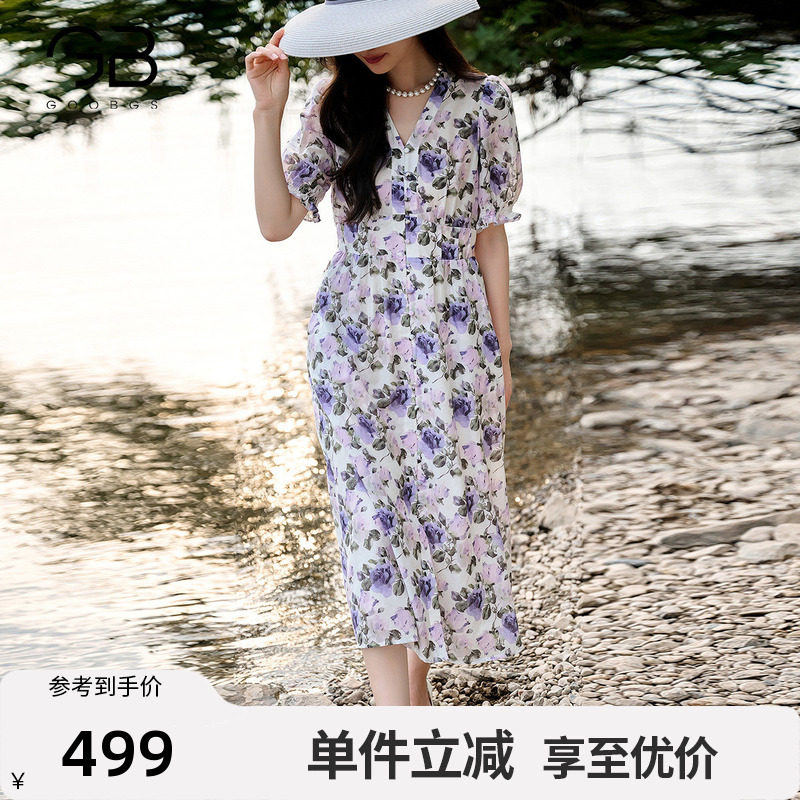谷邦法式V领碎花连衣裙