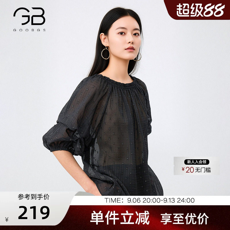 谷邦休闲风黑色短袖雪纺衫女图片