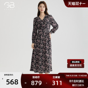 气质收腰显瘦中长款 V领法式 A字裙子 新款 谷邦碎花连衣裙女2025秋季