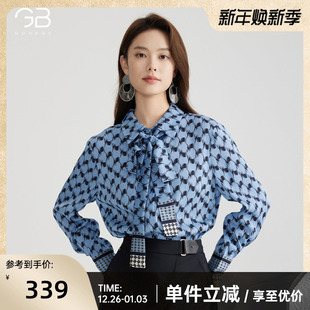 设计感飘带蝴蝶结长袖 谷邦法式 新款 女2025秋季 上衣 复古印花衬衫