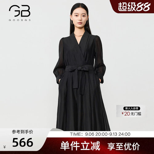 谷邦通勤纯色V领连衣裙女