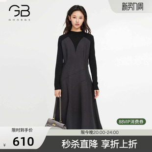 中长款 气质显瘦设计感长袖 裙子 新款 谷邦针织拼接连衣裙女2025冬季