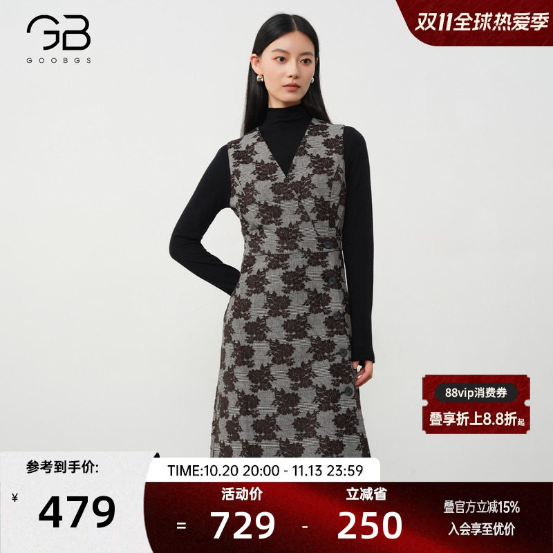 GOOBGS/谷邦复古印花无袖连衣裙2026冬收腰显瘦中长叠穿背心裙子