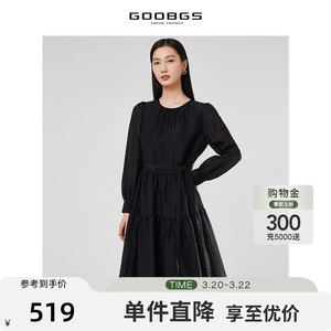 谷邦黑色褶皱宽松连衣裙2026春秋新款圆领收腰显瘦长袖中长款裙子