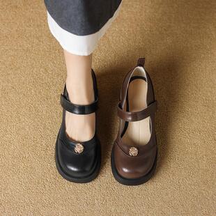英伦风复古制服JK小皮鞋厚底圆头浅口魔术贴中跟大码单鞋女春新款