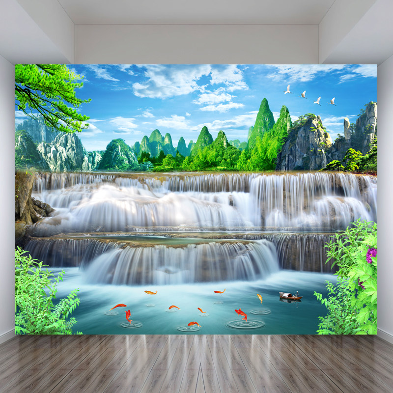 山水画客厅墙纸自粘家和墙画办公室背景墙堂口壁画风水画墙贴纸画