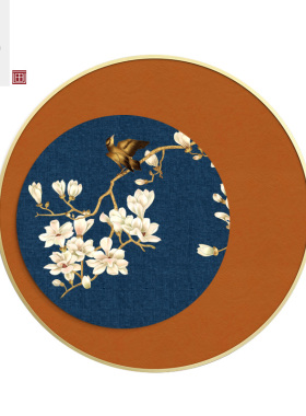 新中式卧室床头挂画客厅新中式圆形玄关装饰画酒店样板房入户壁画