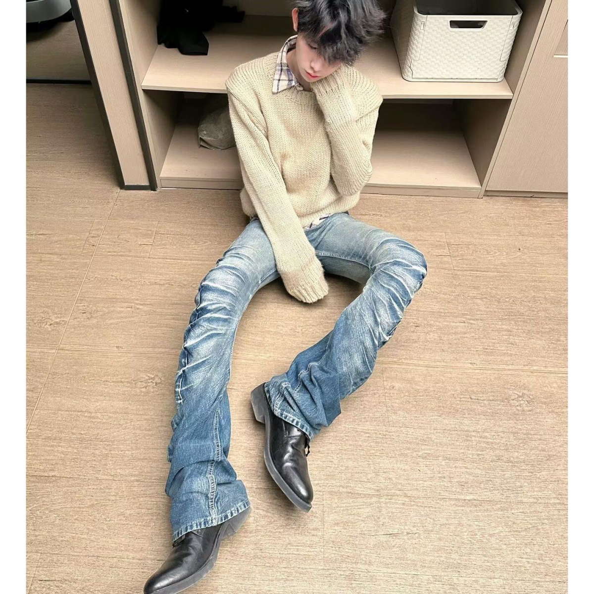 YoungGirlDay欧美风高腰紧身显瘦微喇褶皱牛仔裤拖地长裤堆堆裤女