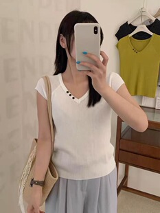 宽松慵懒百搭女上衣 T恤女春夏新款 26年休闲风抽褶V领短袖 针织衫