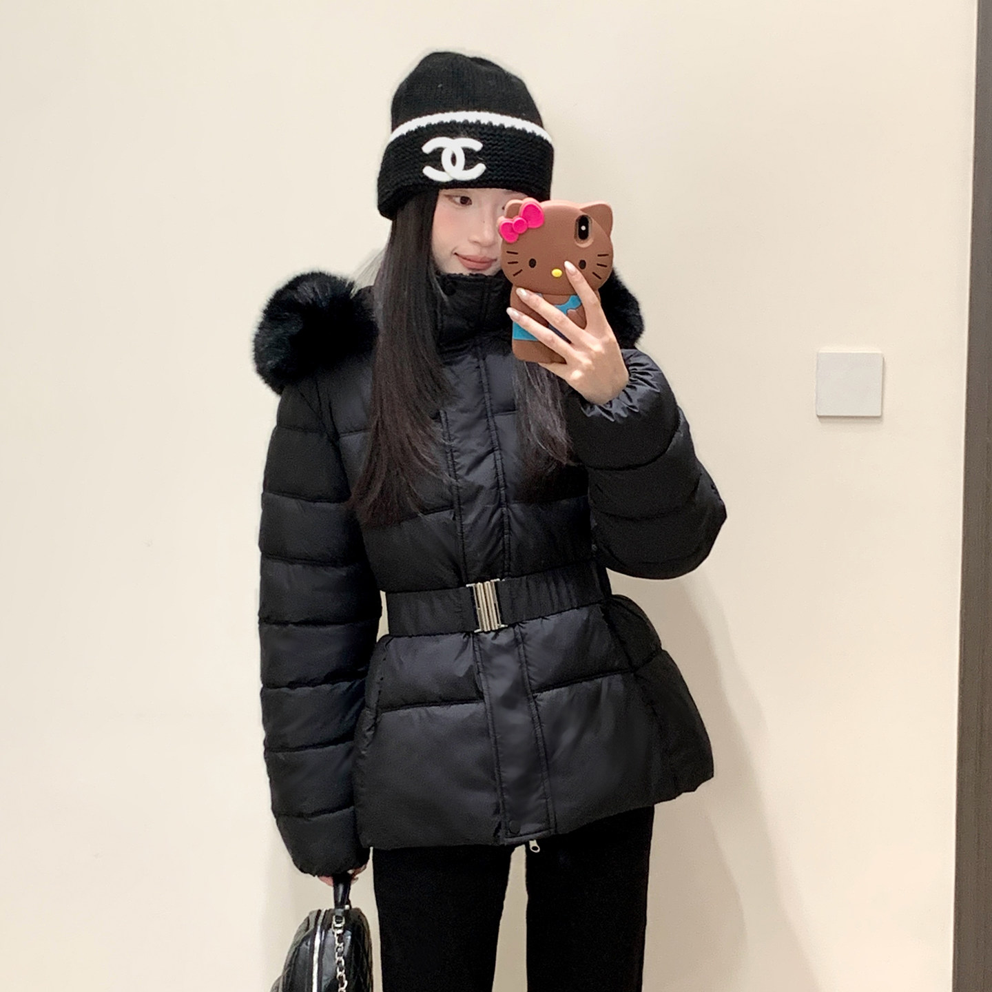收腰连帽大毛领羽绒棉服女冬季新款腰带显瘦短款加厚保暖棉衣外套