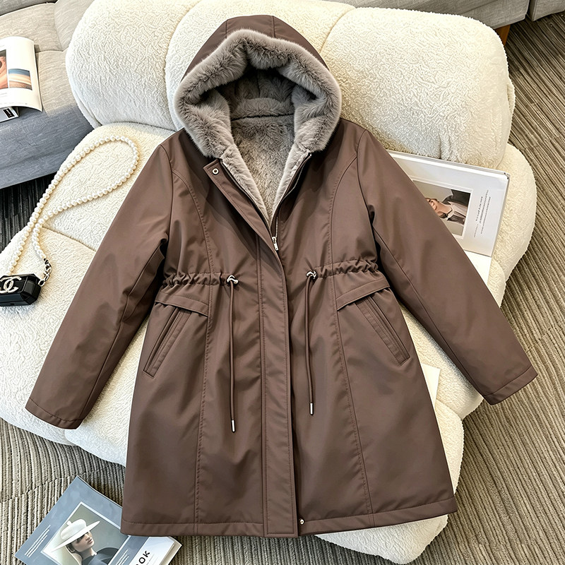派克服女新款冬季中长加绒棉服时尚收腰棉袄加厚保暖女款棉衣外套