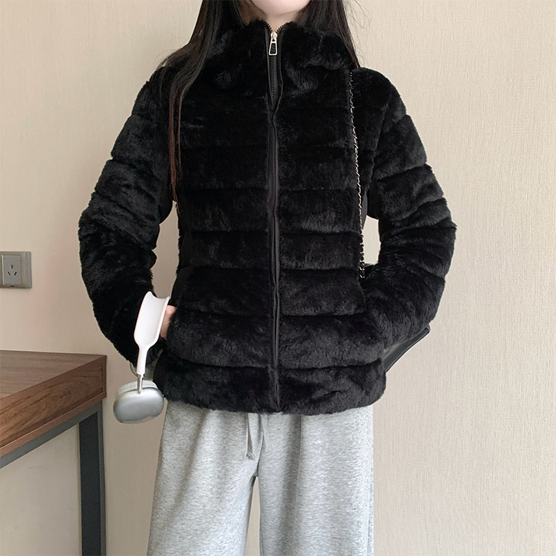 仿水貂毛绒连帽棉衣女冬季短款韩系宽松加厚保暖黑色收腰棉服外套