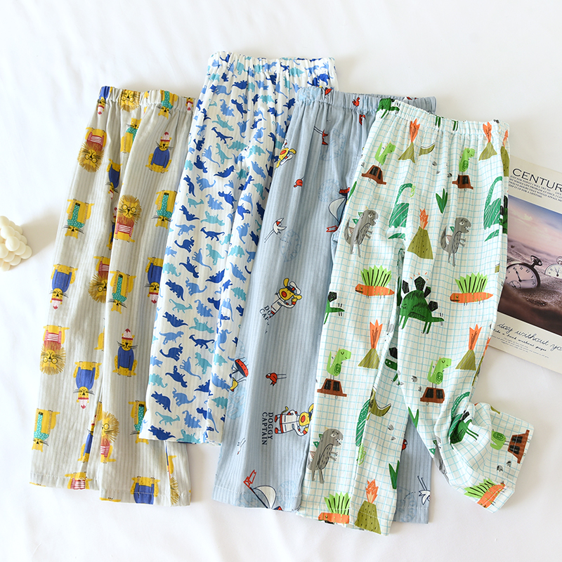 2023新品儿童春夏薄款纯棉纱布防蚊裤宝宝卡通家居裤男童全棉睡裤