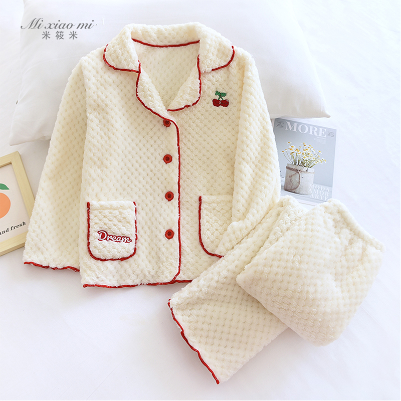 米筱米法兰绒秋冬刺绣睡衣提花