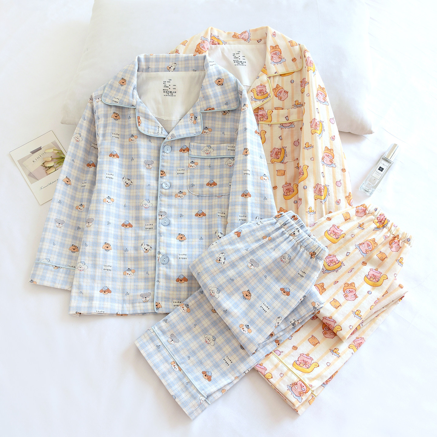 米筱米日系儿童可爱卡通春夏薄款纯棉双层纱布睡衣套男童家居服